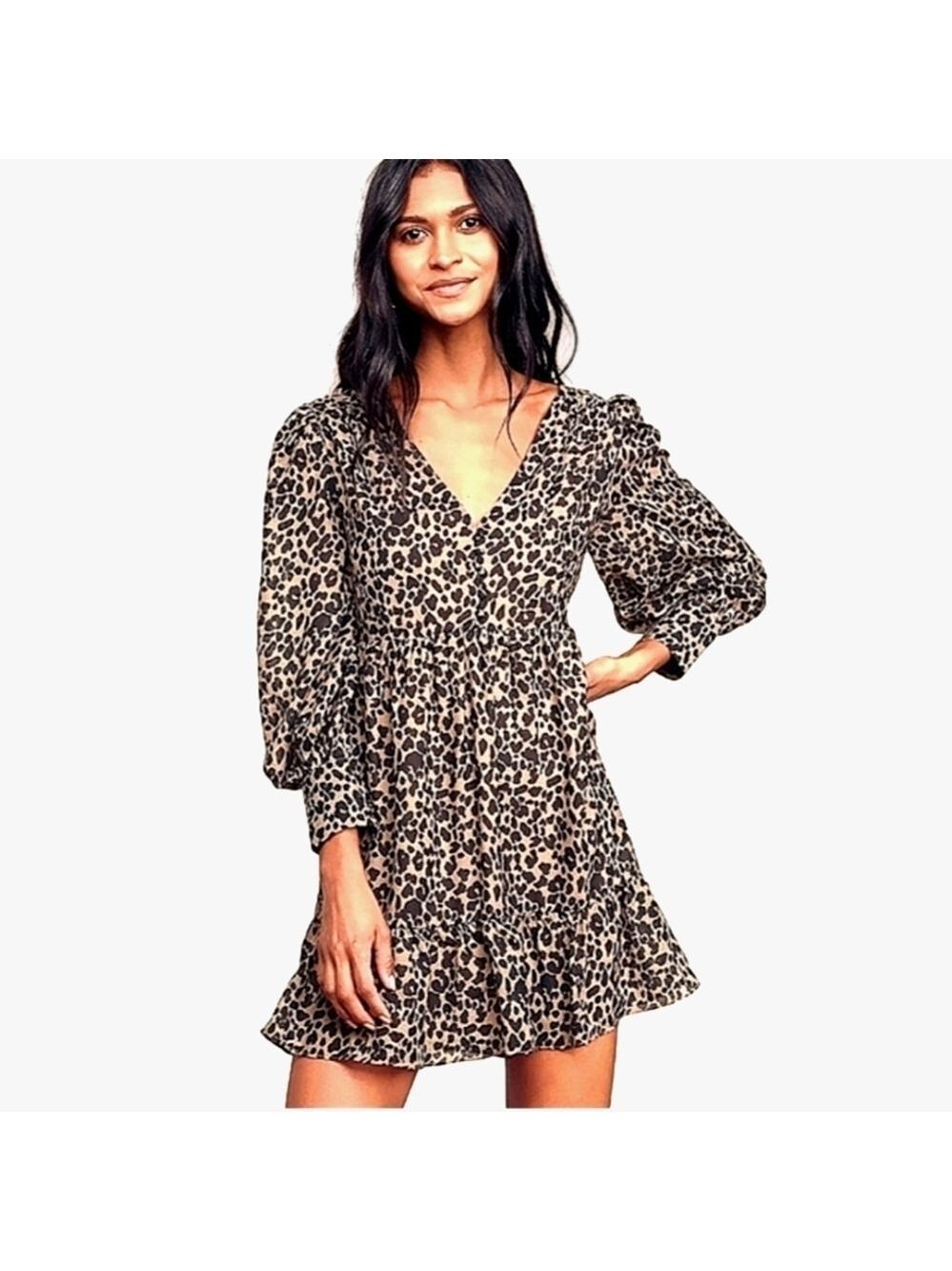 LULUS SIZE XS BLACK LEOPARD MINI DRESS BABYDOLL ANIMAL‎ PRINT FALL AUTUMN GUC
